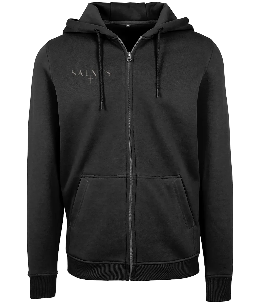 A black zip-up hoodie with 'SAINTS' and a small cross printed in light gray on the left chest, shown against a plain white background.
