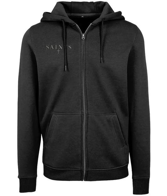 A black zip-up hoodie with 'SAINTS' and a small cross printed in light gray on the left chest, shown against a plain white background.